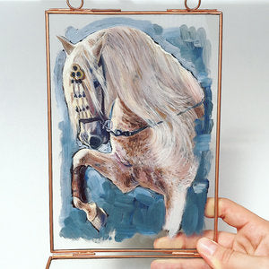 White Horse Painting | Horse Art |Vintage Glass Hanging Frame | Horse Oil Painting