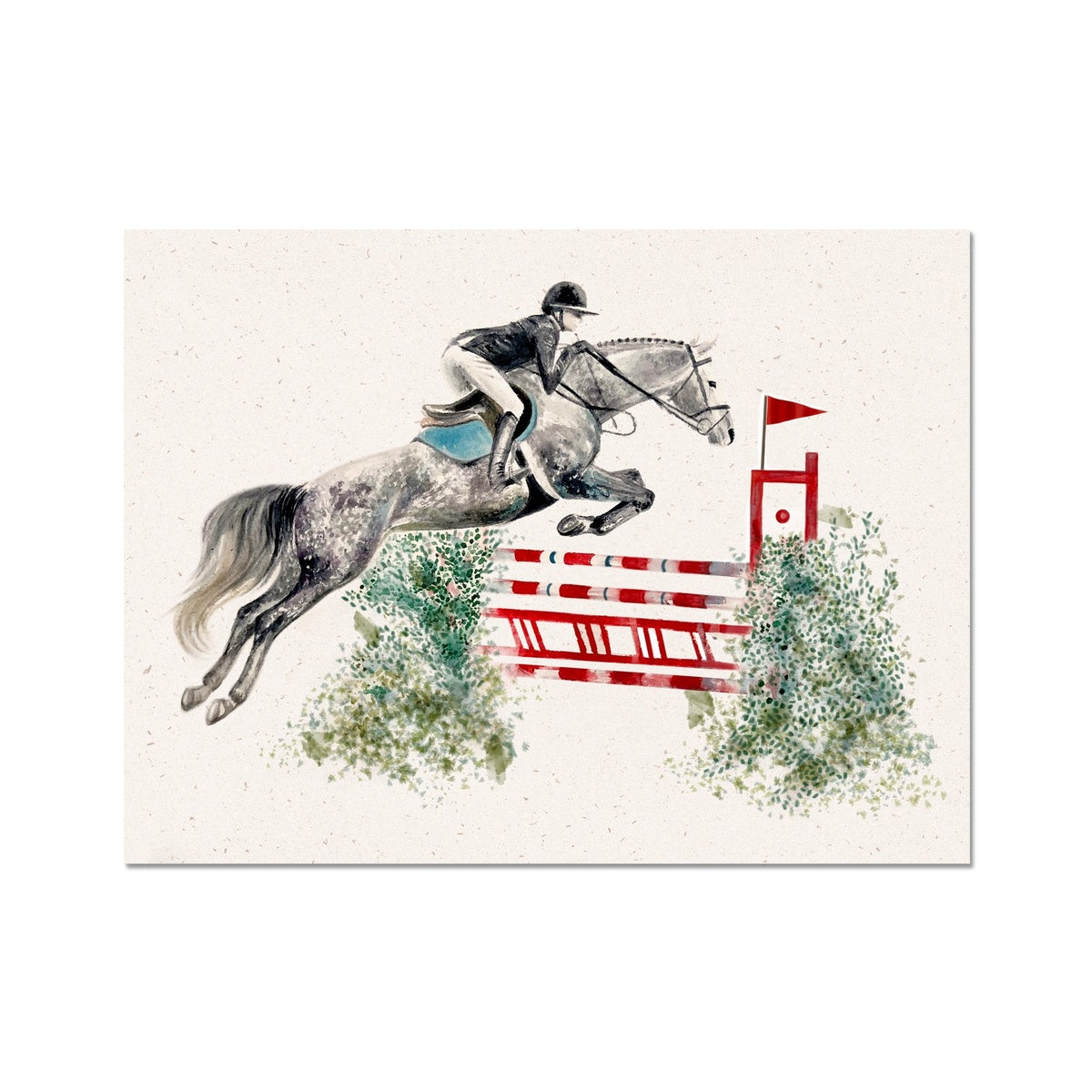 Showjumper with grey horse jumping red and white fence with bushes either side, watercolour painting print 