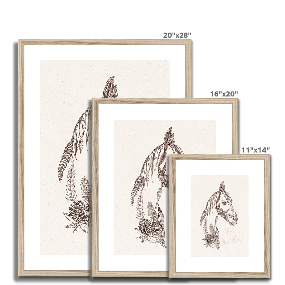 three different sizes of Framed and mounted print of horse head using floral sketches, 'Stay a wild flower' with wood look frame