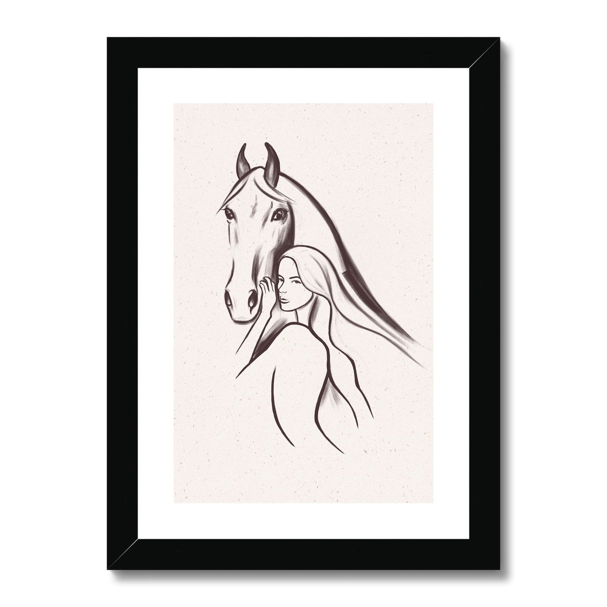 Line drawing of woman and horse, simplistic artwork, frame and mounted with black frame