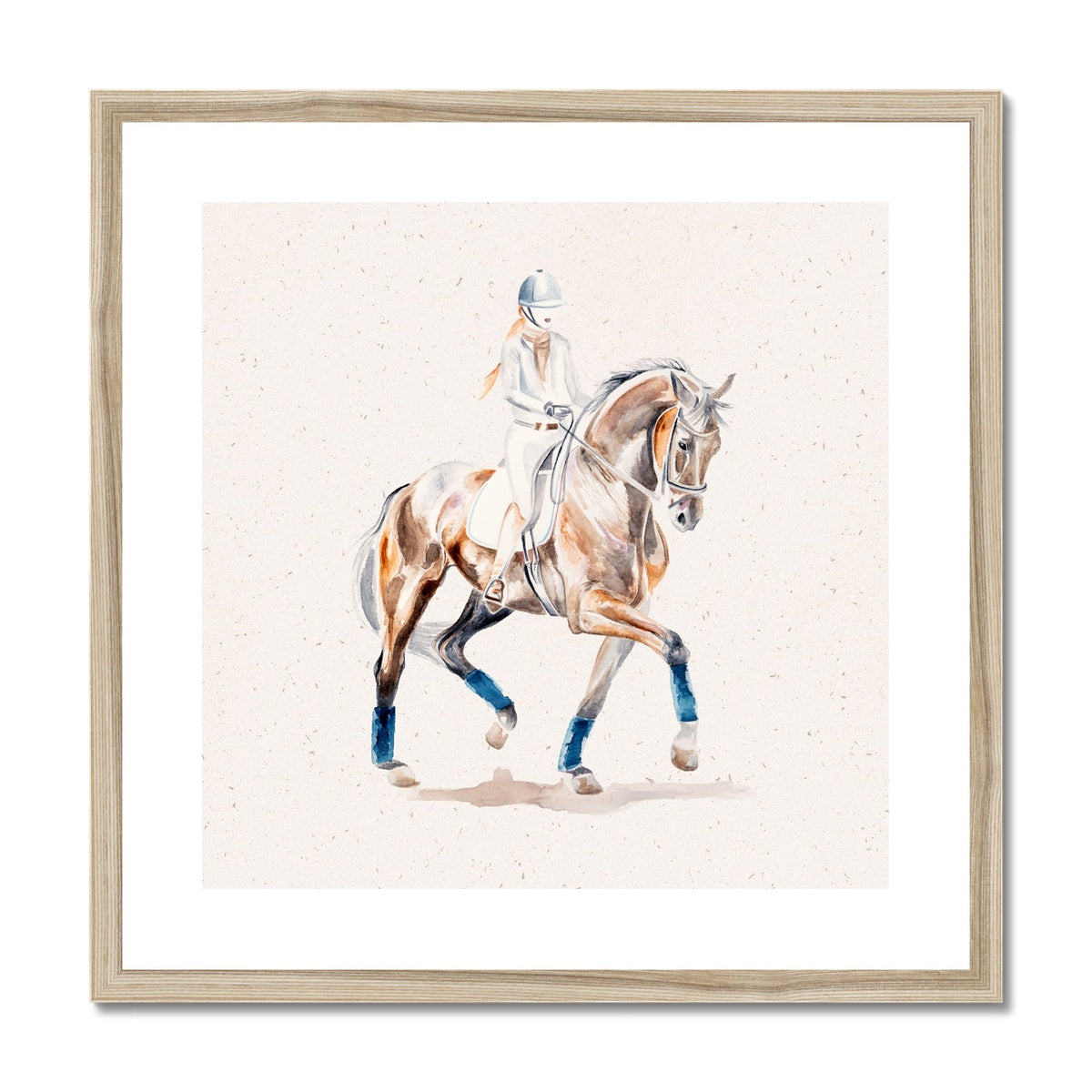 Dressage horse trotting painting, framed & mounted with a wood look frame