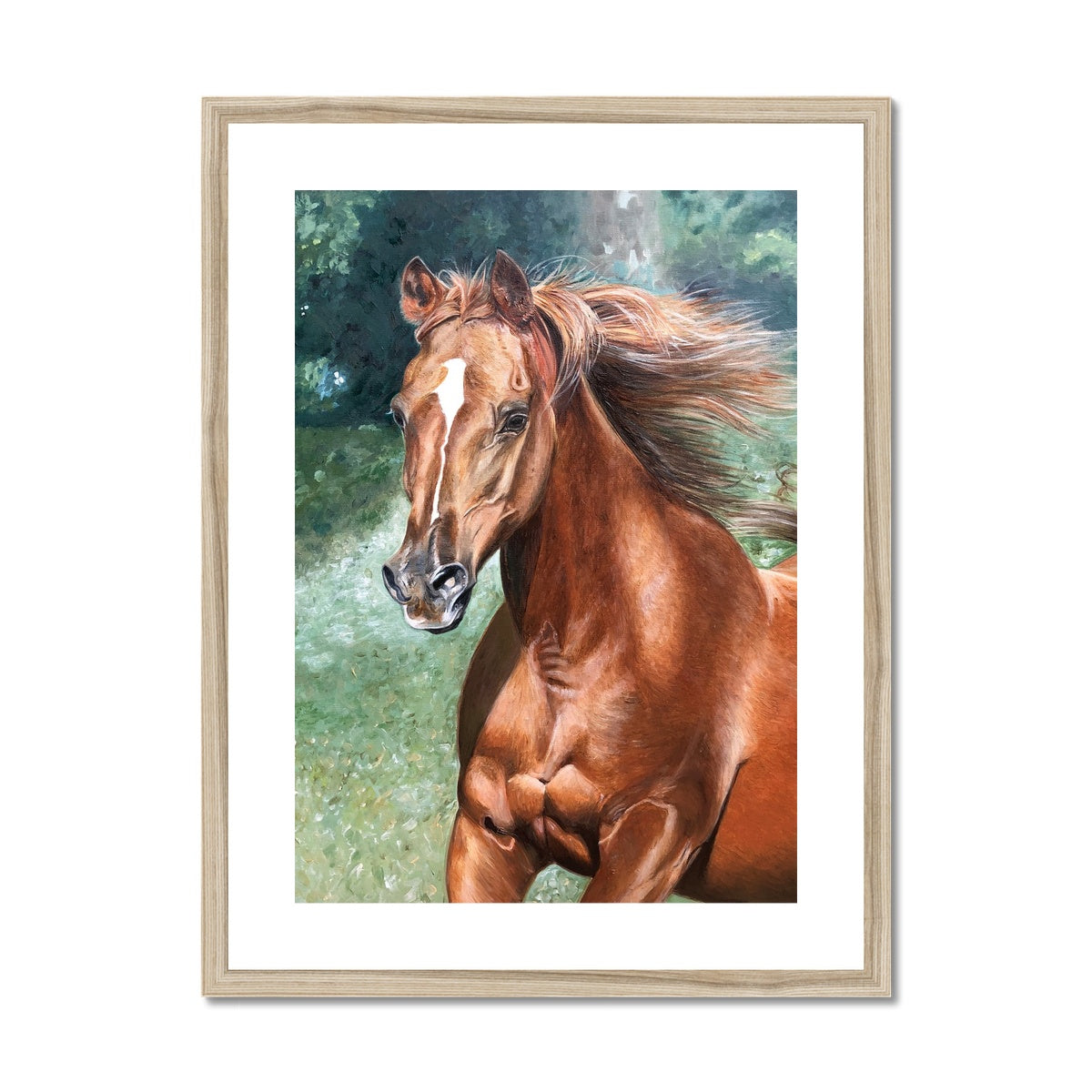 Arabian horse painting framed & mounted print with white boarder and wood look frame