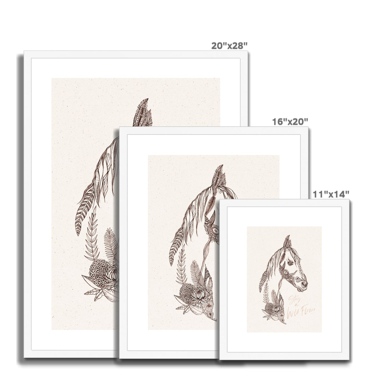 three different sizes of Framed and mounted print of horse head using floral sketches, 'Stay a wild flower' with white frame