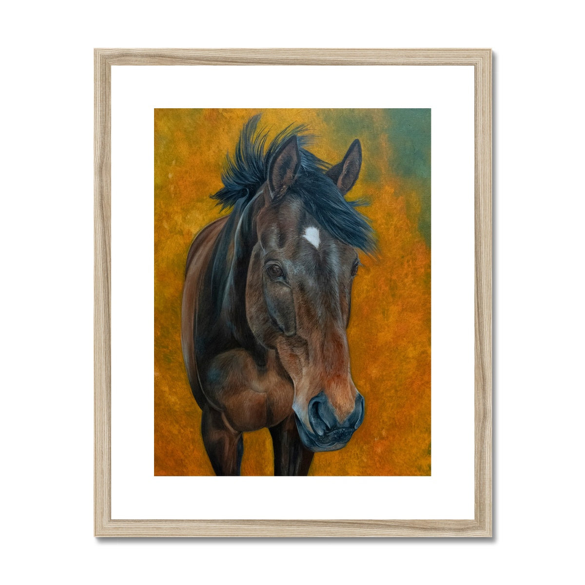 Bay horse with white star painting, orange background frames & mounted with wood look frame