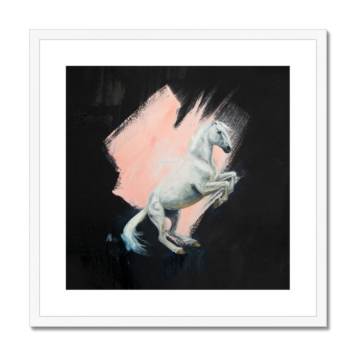 Beautiful rearing white horse with pink splash against a black background, framed and mounted print with a white frame