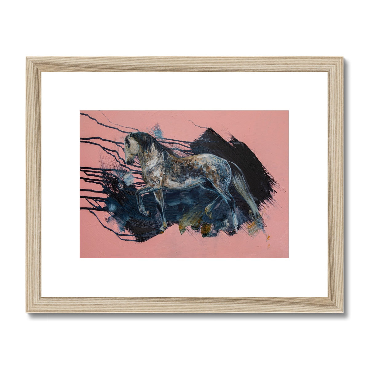 Grey horse on pink background painting framed & mounted with wood look frame