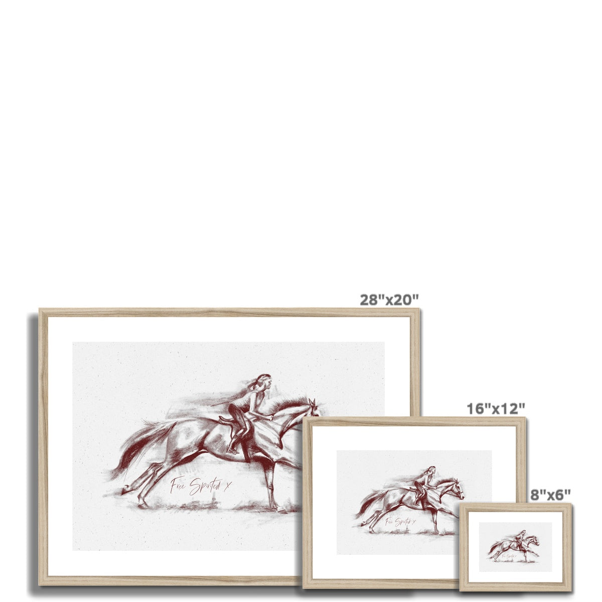 3 different sizes of Free spirit horse and rider galloping with wood look frame