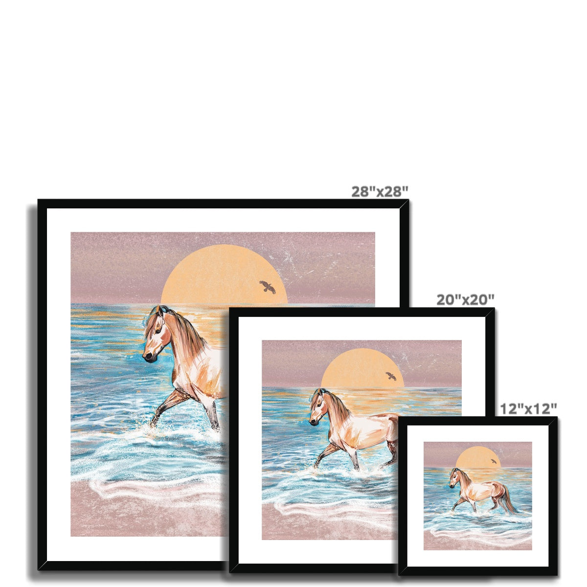 3 different sizes of Watercolour painting of horse at sunrise in the sea framed and mounted print with black frame