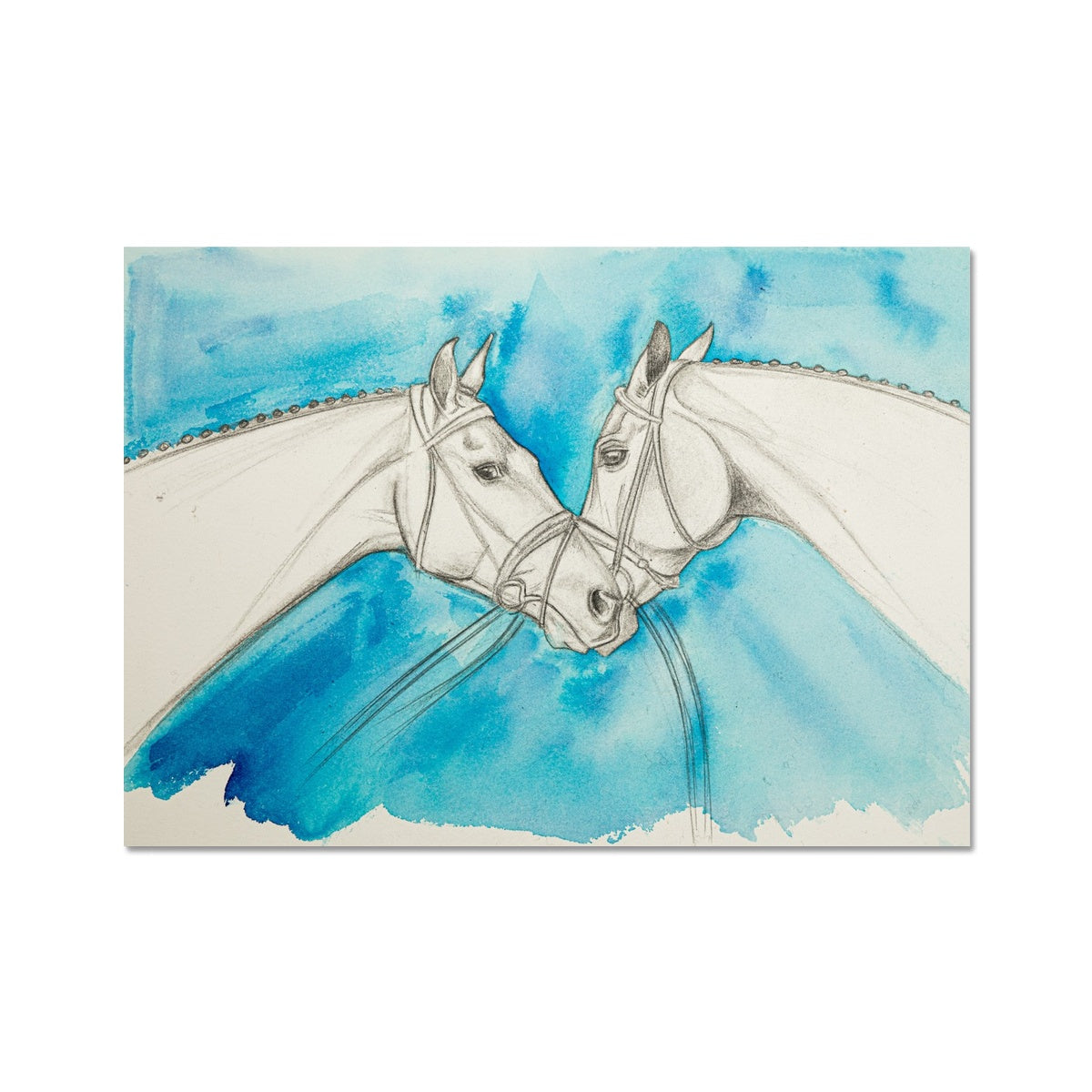 Two racehorses chatting sketch with a blue background