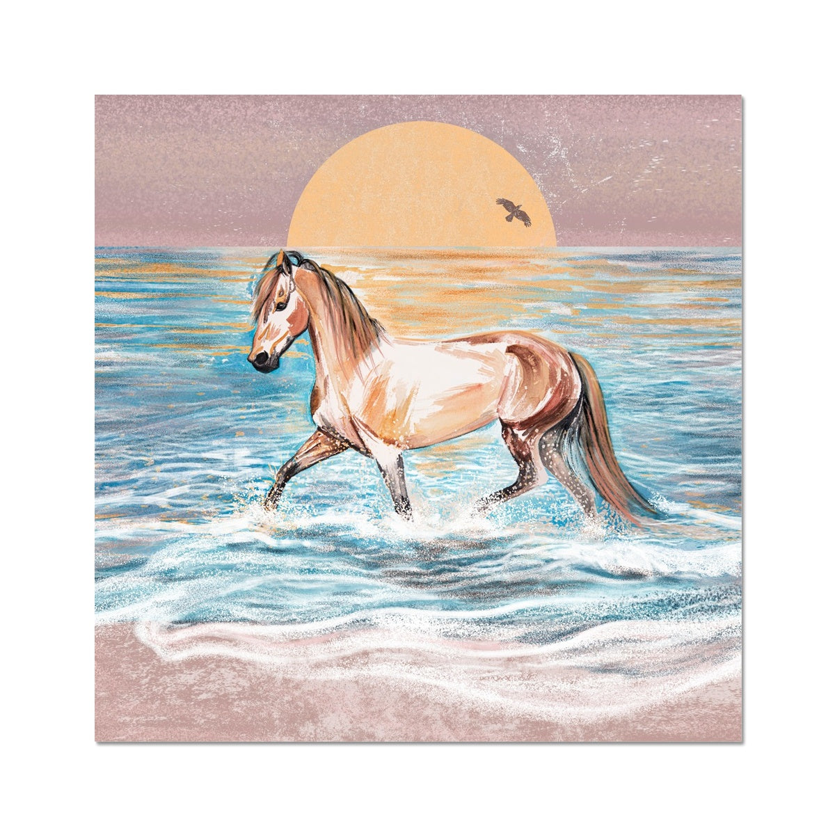 Watercolour horse trotting through the sea at sunrise hahnemuhle german etching print 