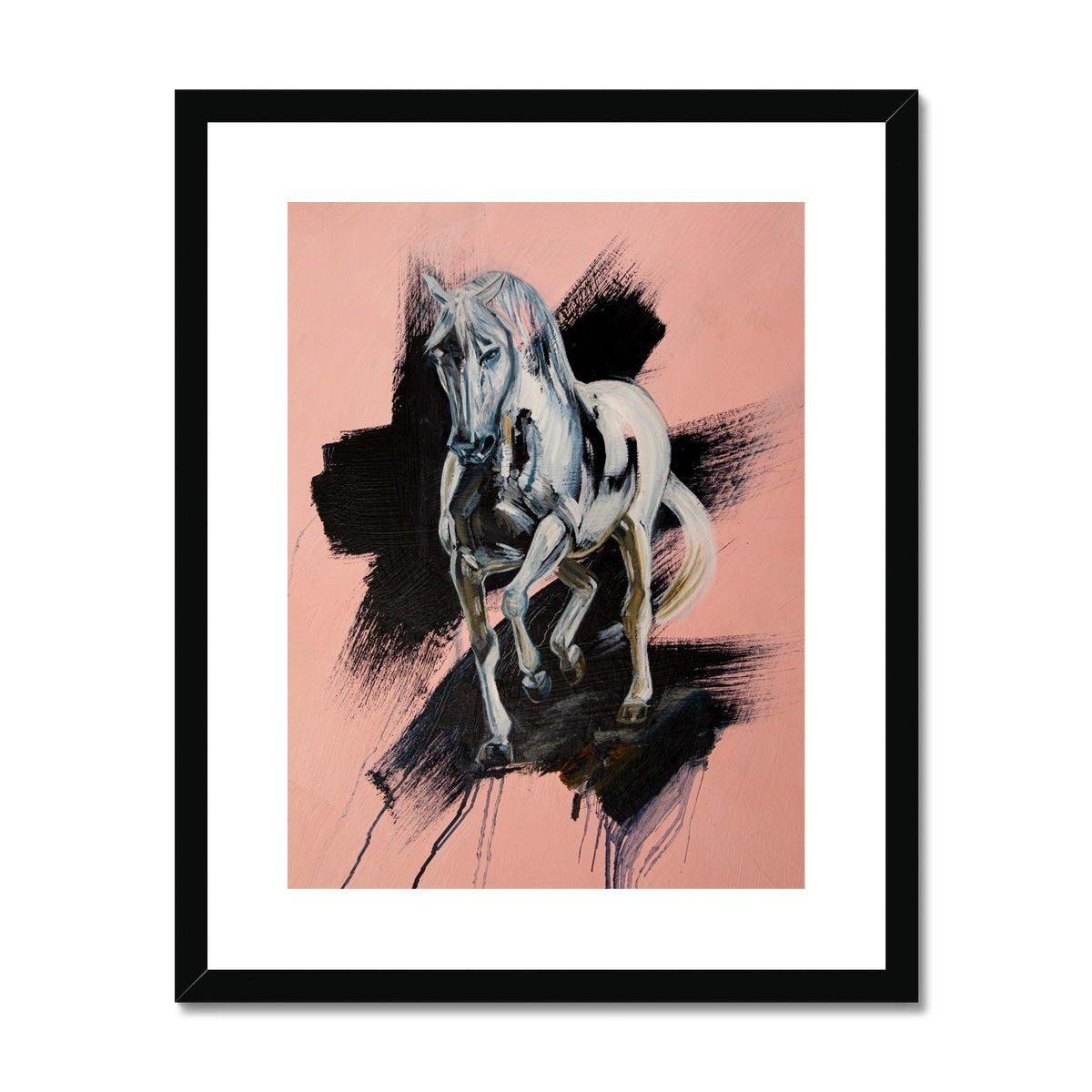 White horse trotting towards you, pink background with black splash portrait. Framed and mounted print with black frame