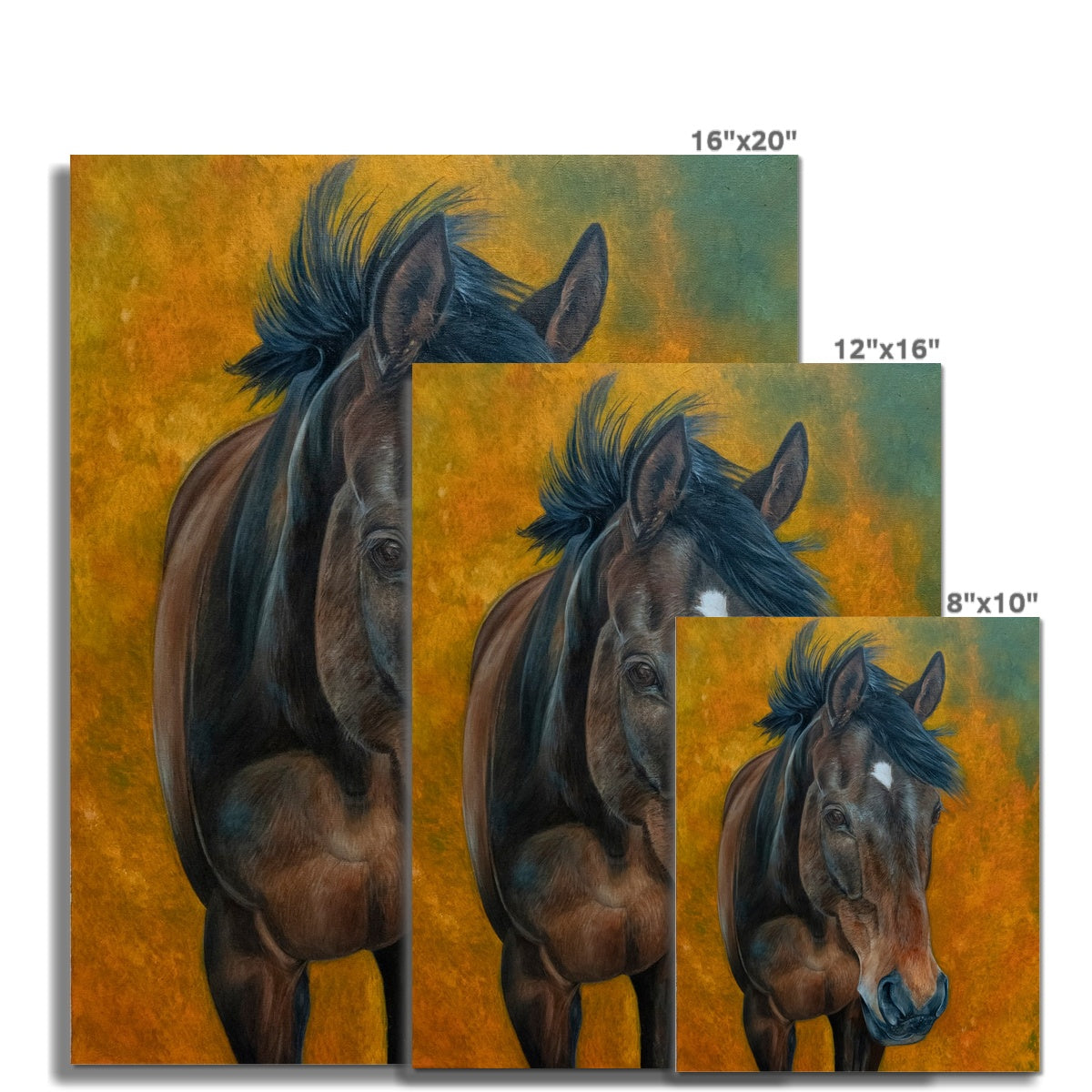 3 different sizes of Bay horse with white star painting, orange background etching print