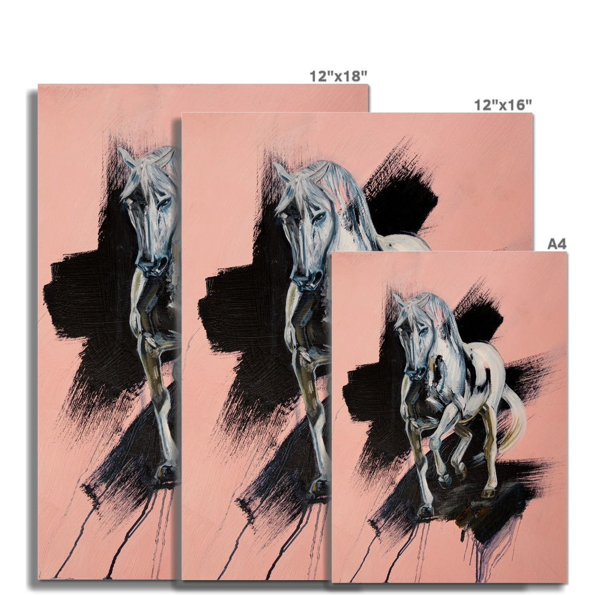 3 sizes of White horse trotting towards you, pink background with black splash portrait.