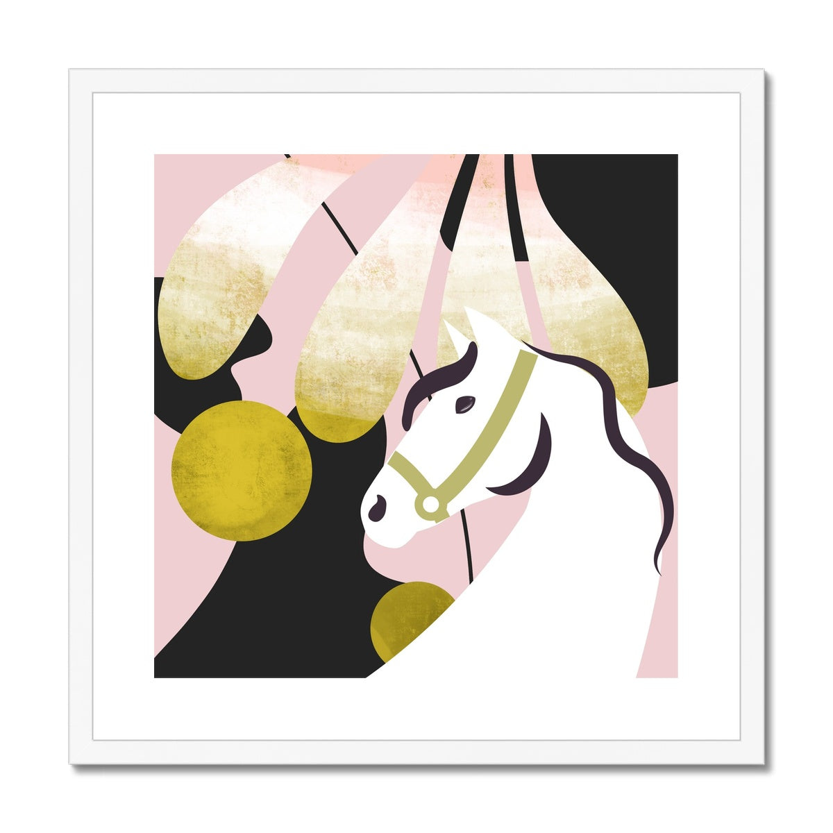 abstract painting including horse with shapes in the background, white frame