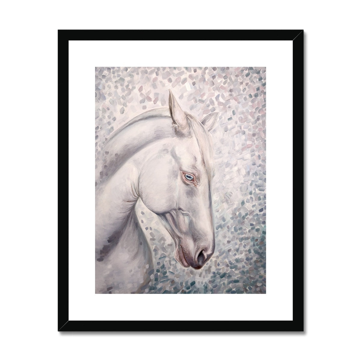 White horse head portrait oil painting framed and mounted with black frame