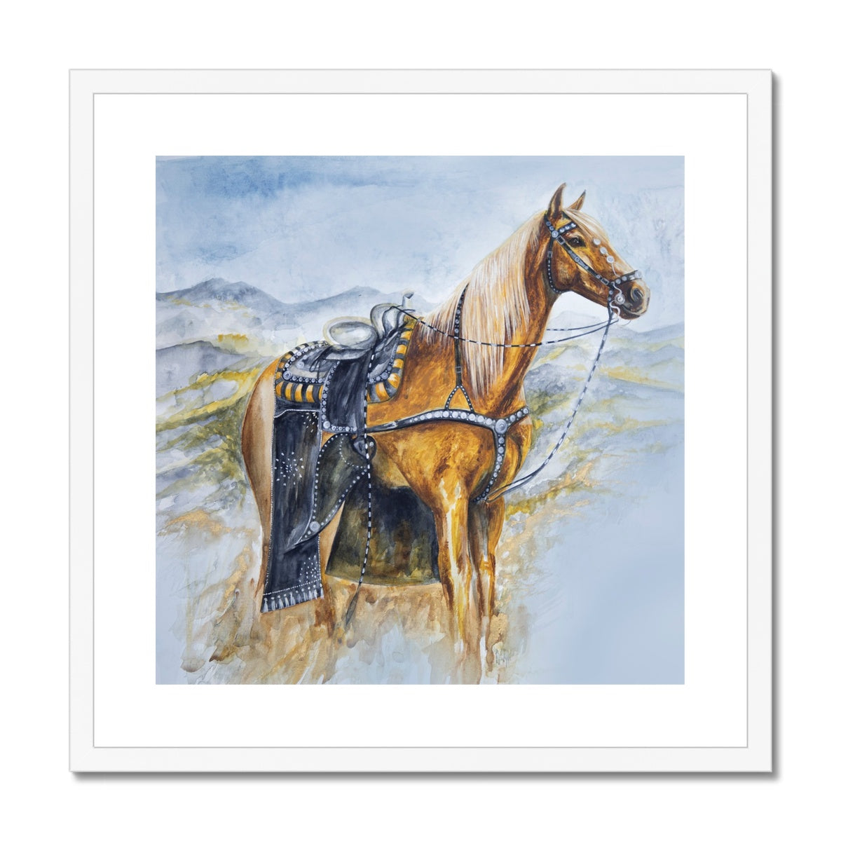 Western horse watercolour painting, framed and mounted print with white frame