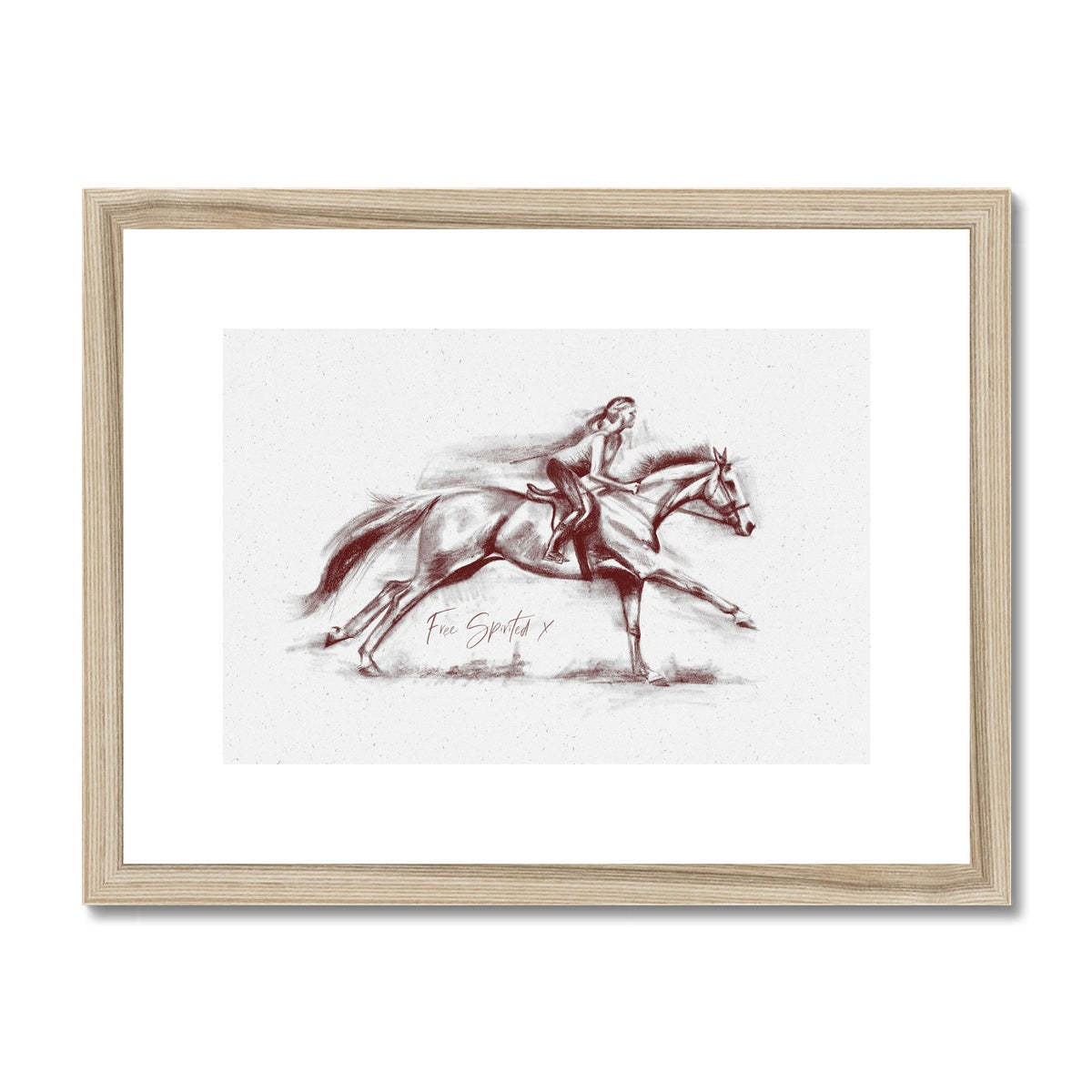 Free spirit horse and rider galloping with wood look frame