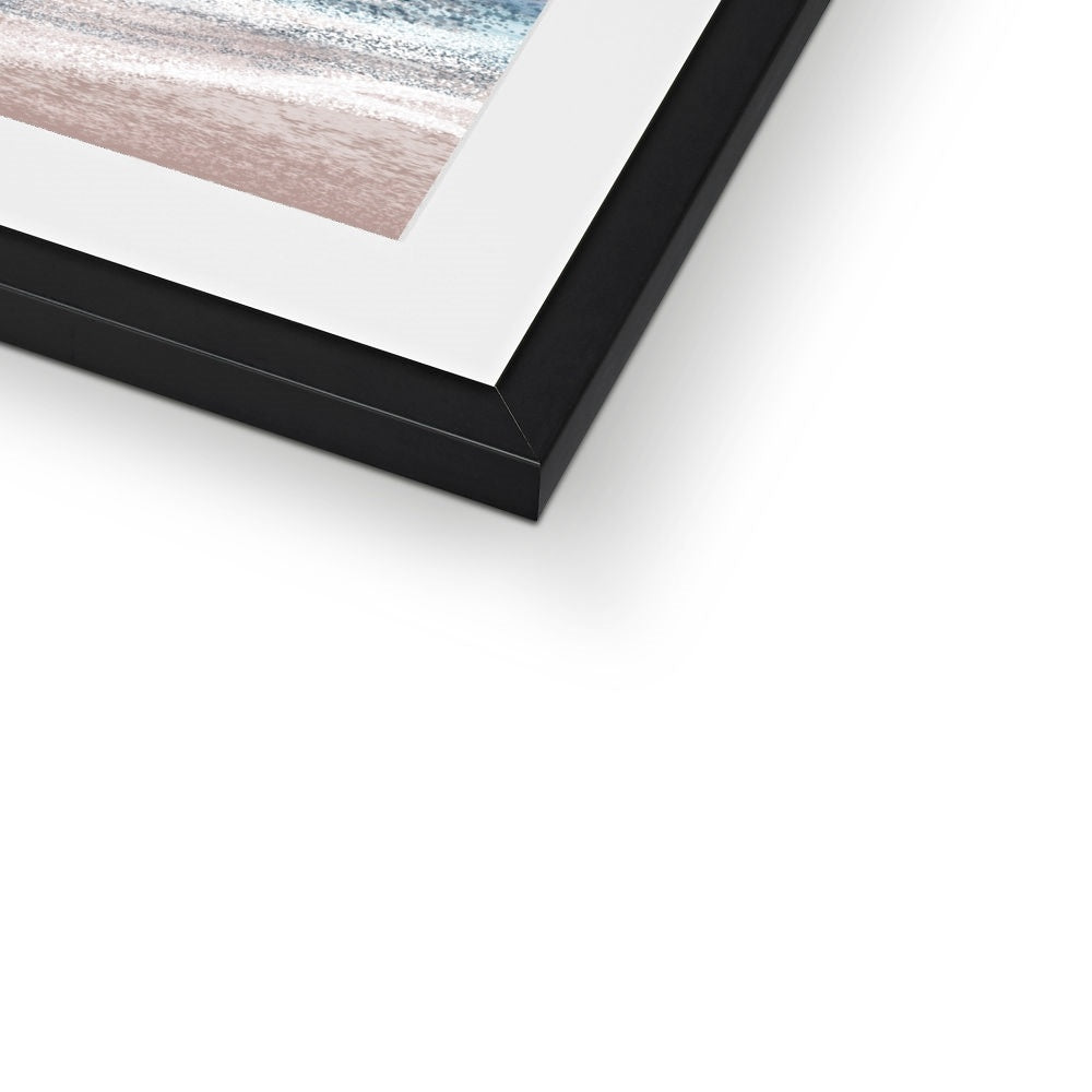 corner of Watercolour painting of horse at sunrise in the sea framed and mounted print with black frame