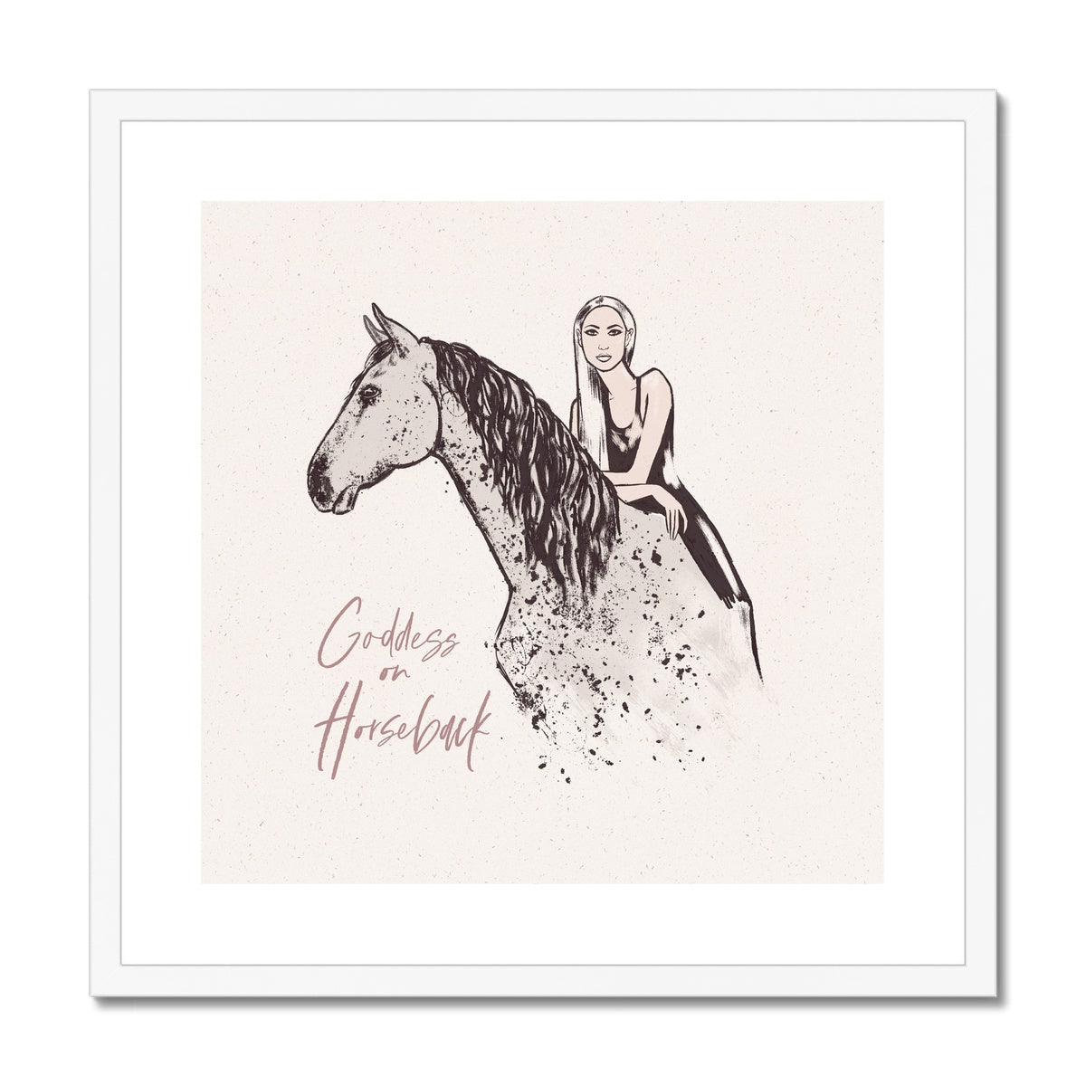 goddess on horseback portrait print with white frame