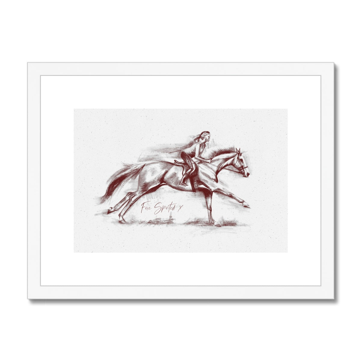 Free spirit horse and rider galloping with white frame