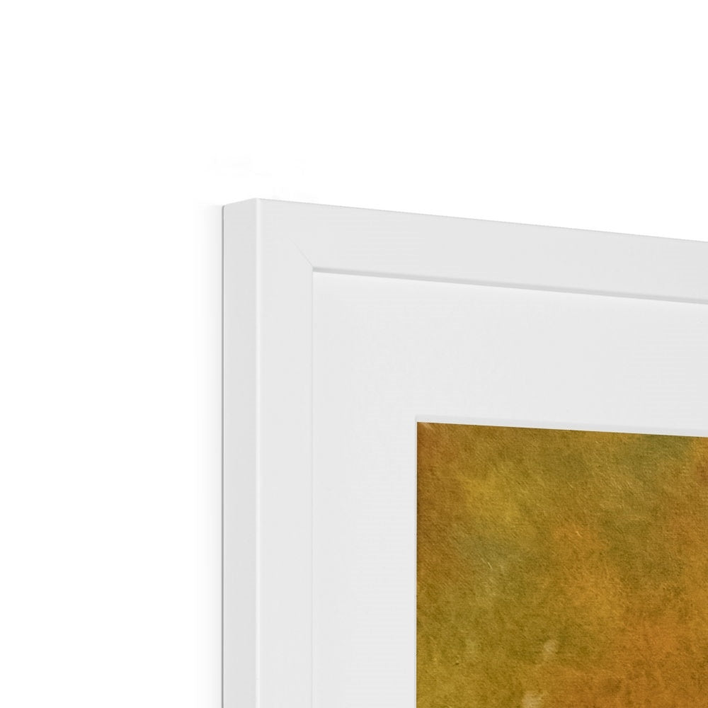 corner of Bay horse with white star painting, orange background frames & mounted with white frame