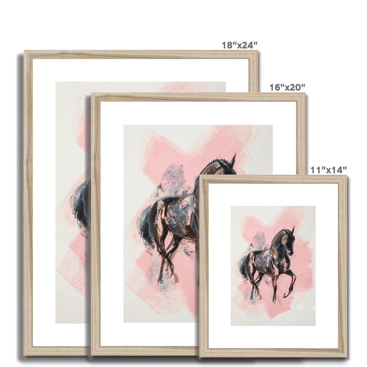 3 different sizes of Black horse painted on a pink splash framed and mounted with a wood look frame