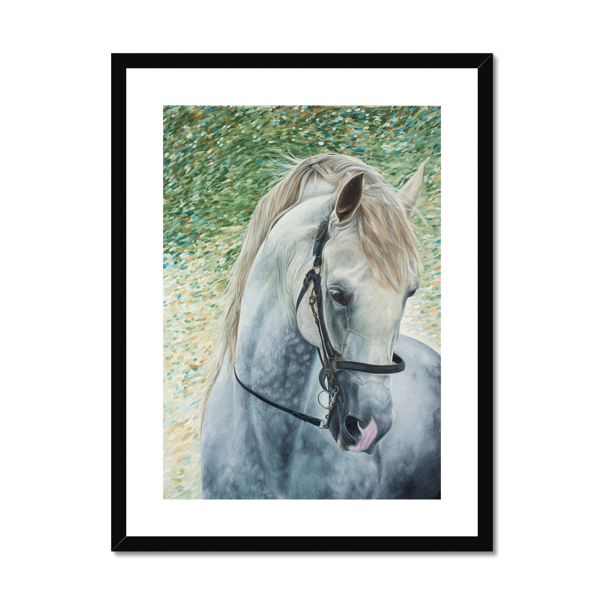 White horse head wearing bridle portrait painting. Framed and mounted print with black frame