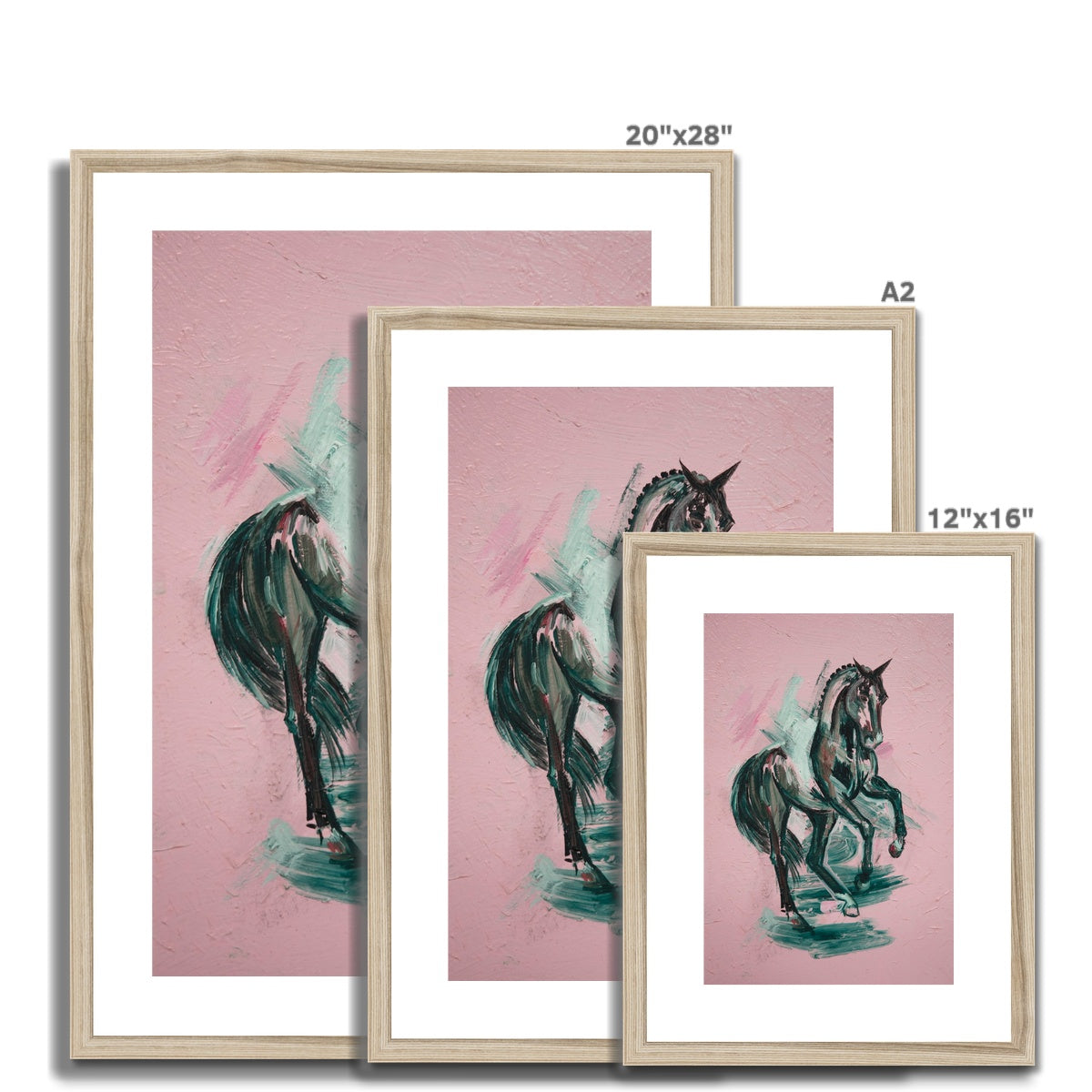 3 different sizes of Black horse painting on pink background framed & mounted with a wood look frame