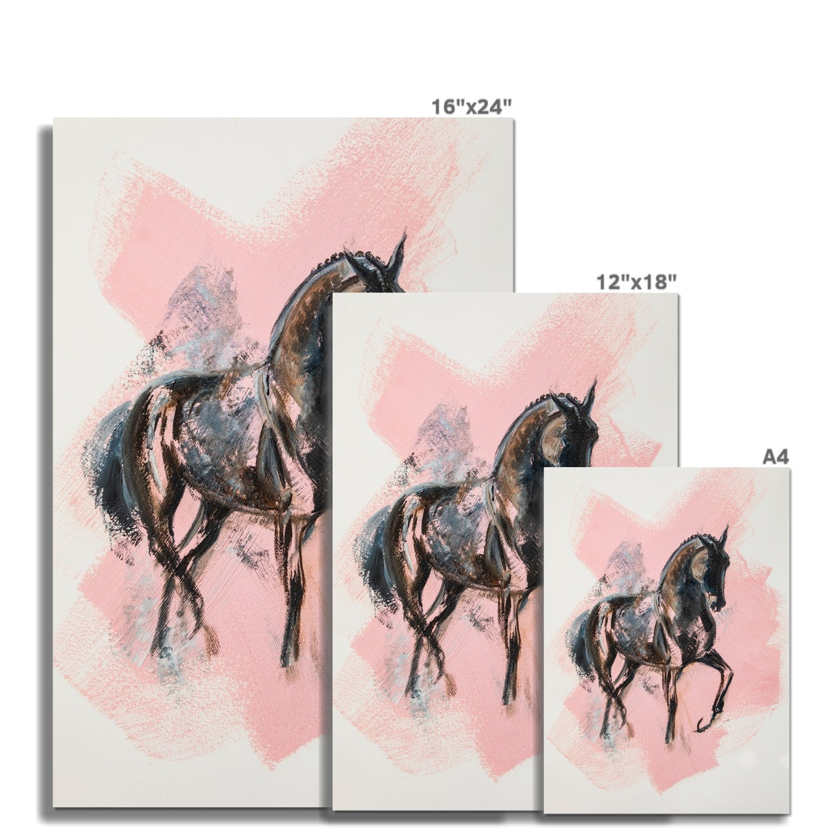 3 different sizes of Black horse on a pink background Hahnemühle German Etching Print