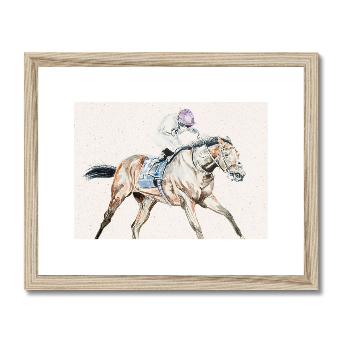 Racehorse in race with jockey watercolour painting framed and mounted print with wood look frame