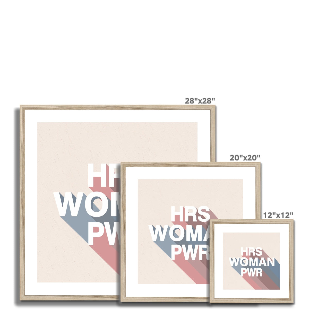 3 different sizes of Horse woman power print colourful wall art with wood look frame