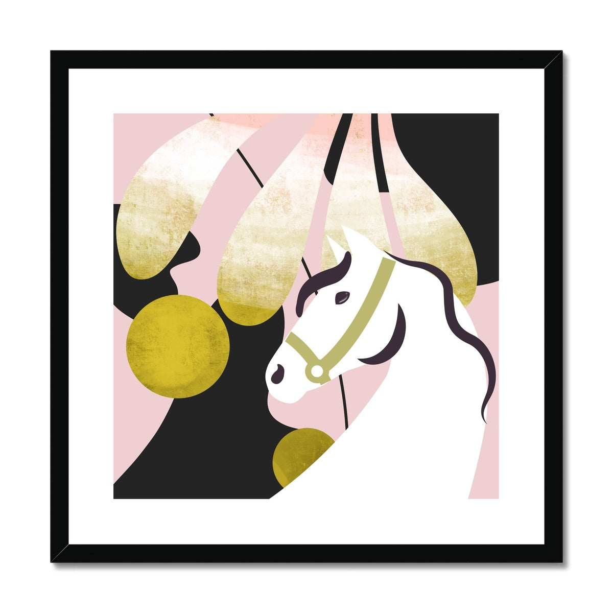 abstract painting including horse with shapes in the background, black frame