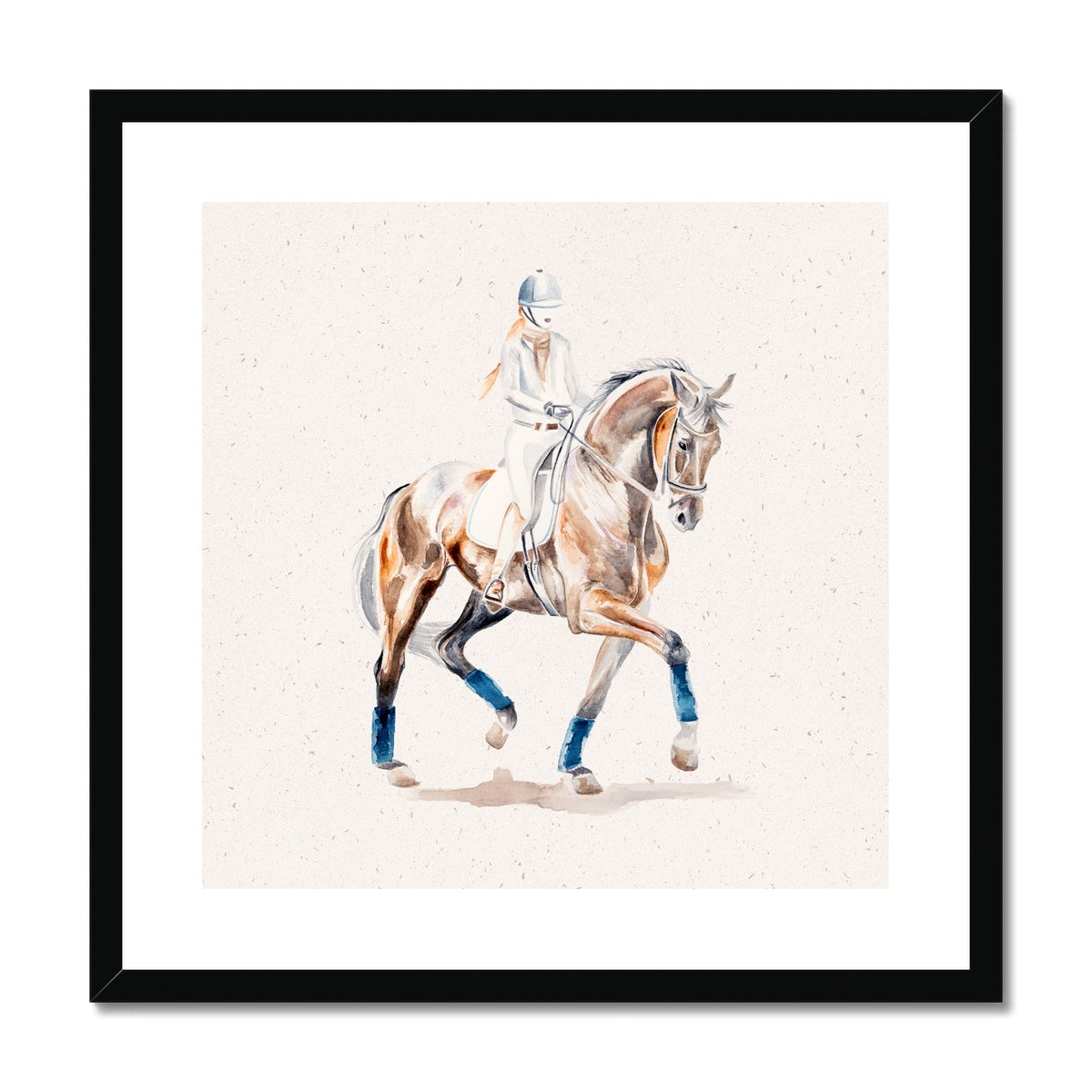 Dressage horse trotting painting, framed & mounted with a black frame