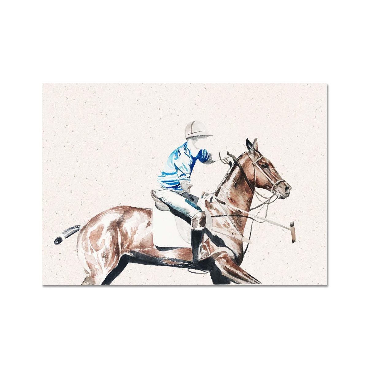 Polo player with polo pony in a game print