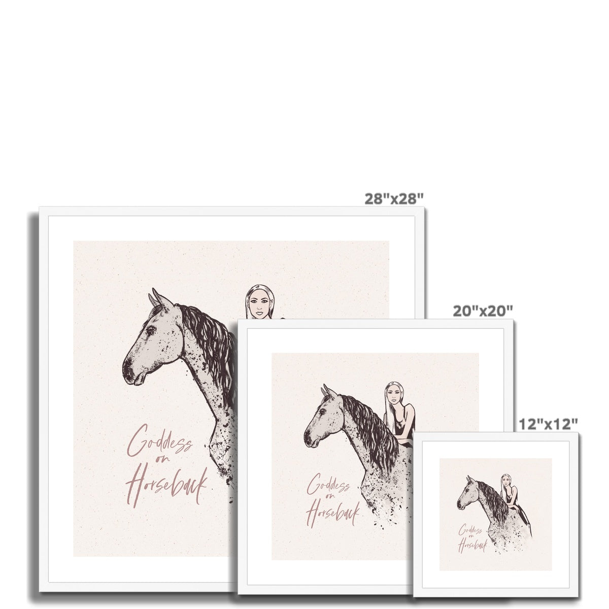 3 different sizes of goddess on horseback portrait print with white frame