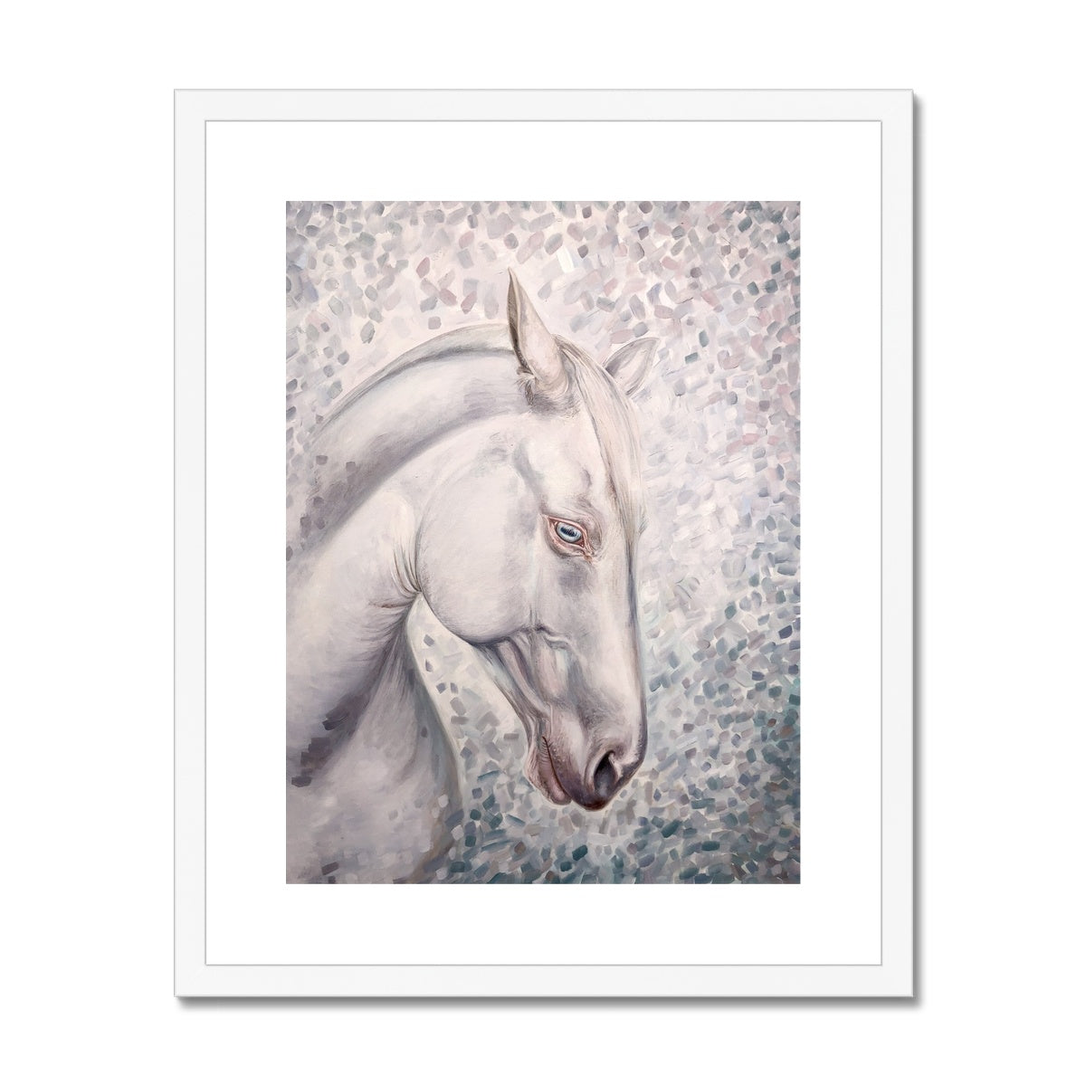 White horse head portrait oil painting framed and mounted with white frame