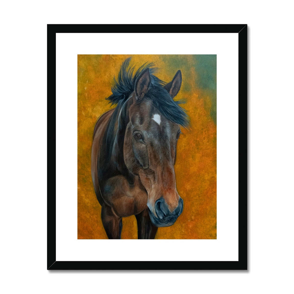 Bay horse with white star painting, orange background frames & mounted with black frame