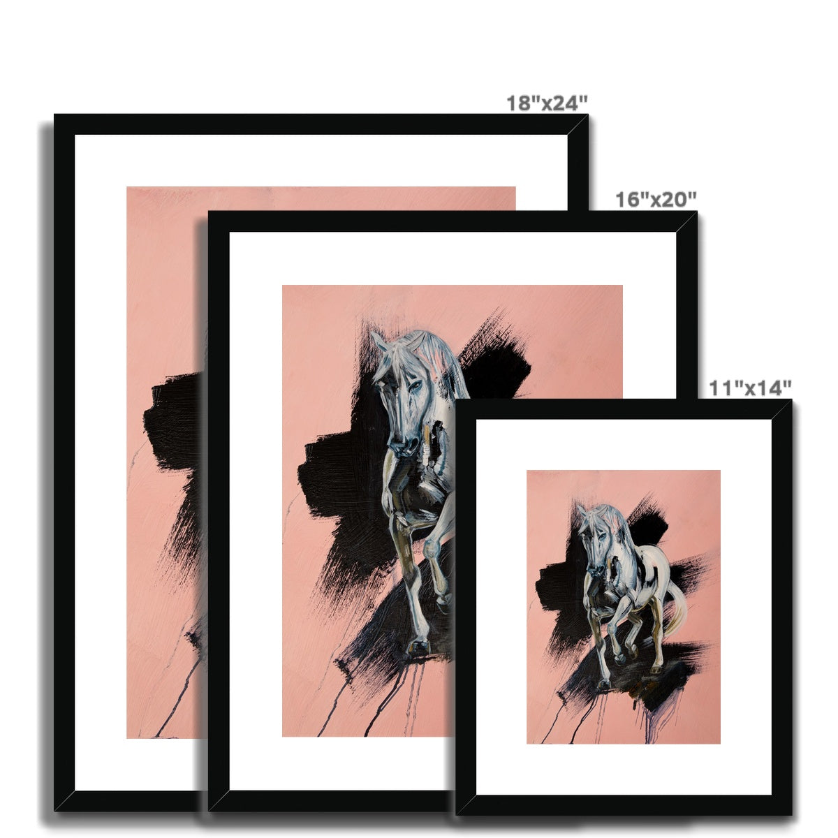 3 sizes of White horse trotting towards you, pink background with black splash portrait. Framed and mounted print with black frame