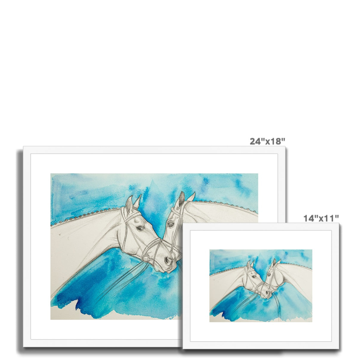 2 different sizes of Two racehorses chatting sketch with a blue background, framed and mounted with a white frame