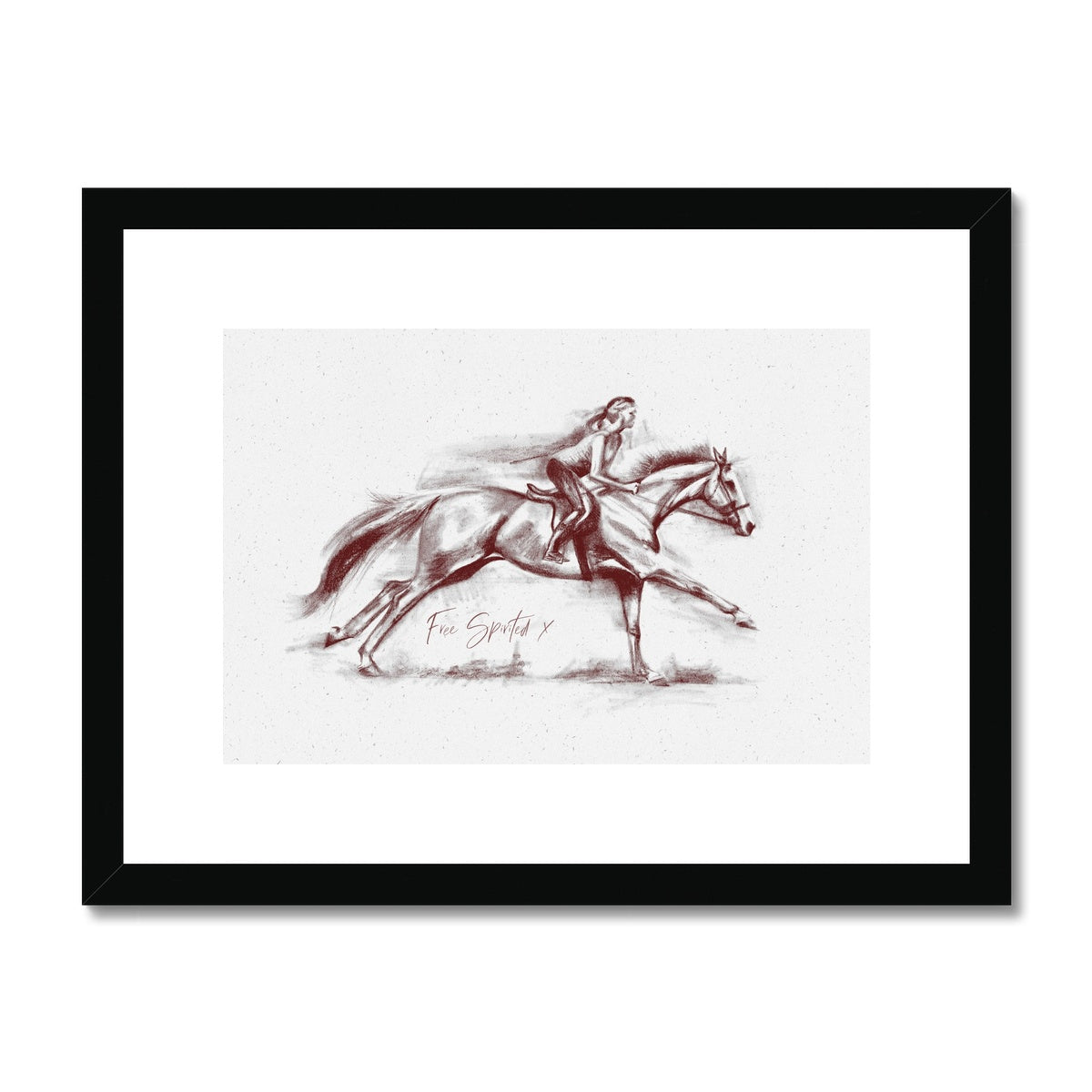 Free spirit horse and rider galloping with black frame