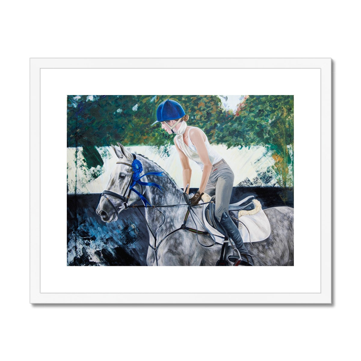 Grey showjumping horse with rider and blue ribbon with white frame