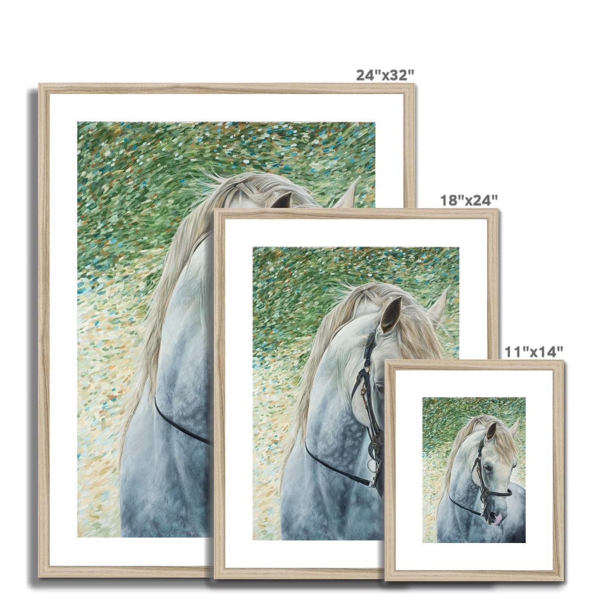 3 different sizes of White horse head wearing bridle portrait painting. Framed and mounted print with wood look frame