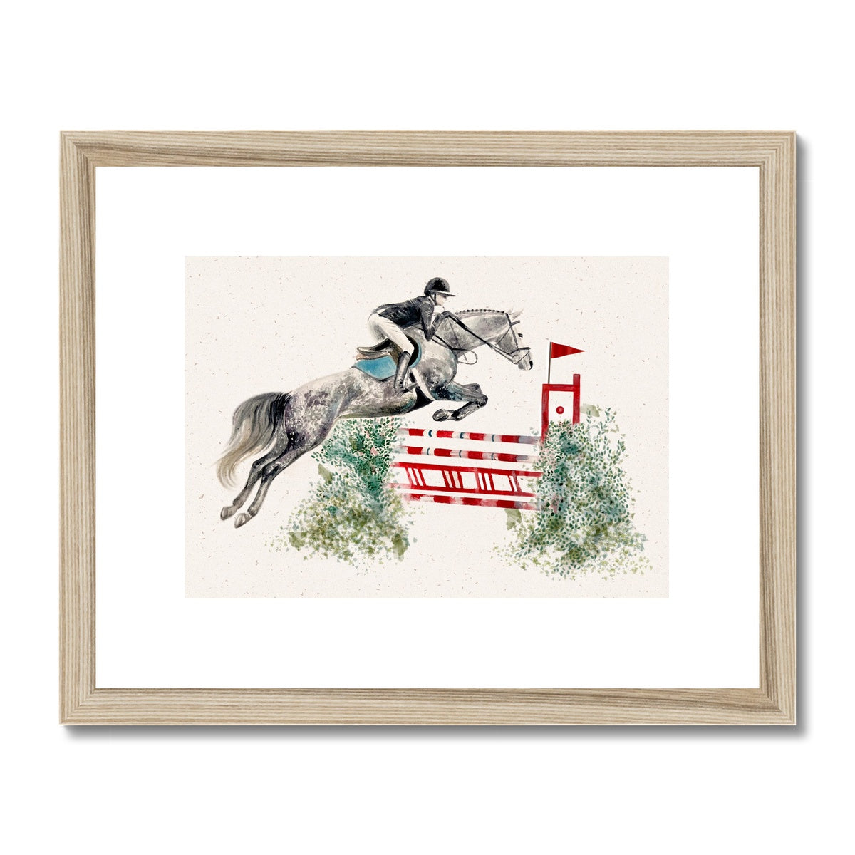 Showjumper with grey horse jumping red and white fence with bushes either side, watercolour painting framed and mounted print with wood look frame