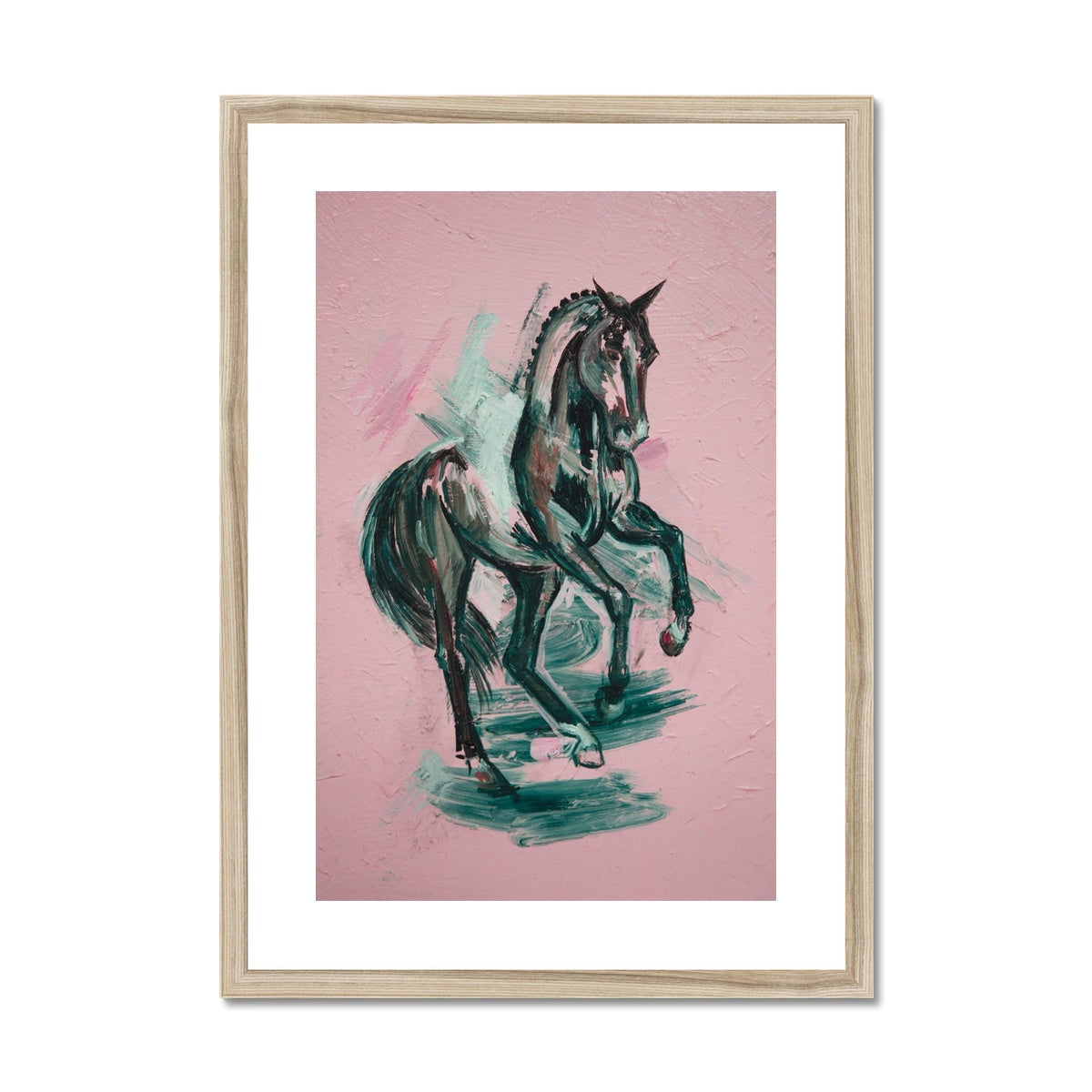 Black horse painting on pink background framed & mounted with a wood look frame