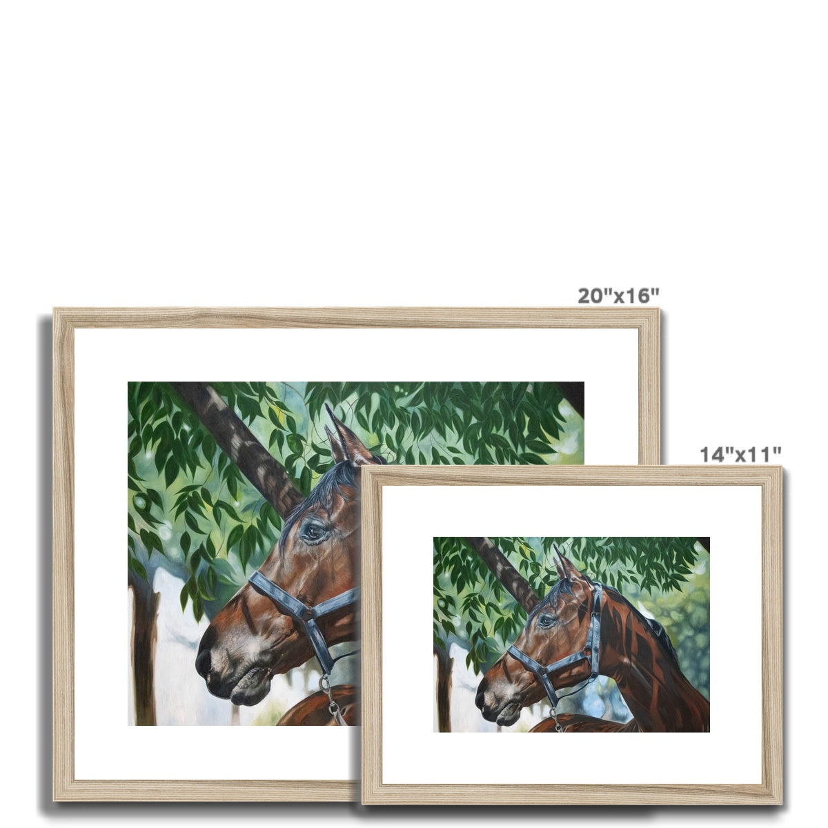 two different sizes of Bay horse painting under a tree, framed and mounted detailed print with wood look frame