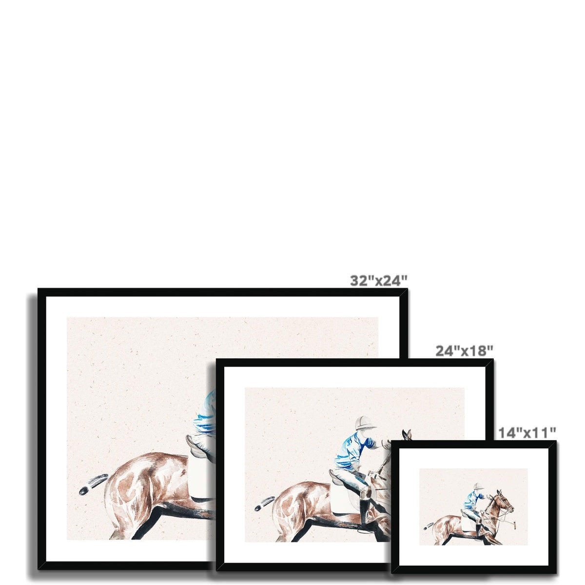 three different sizes of Framed and mounted watercolour print of pop player and horse playing polo, with black frame