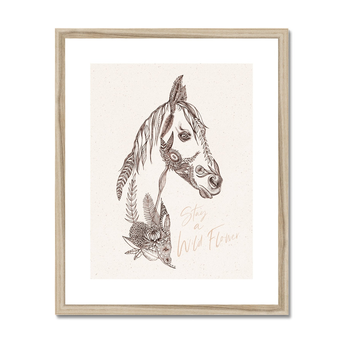 Framed and mounted print of horse head using floral sketches, 'Stay a wild flower' with wood look frame