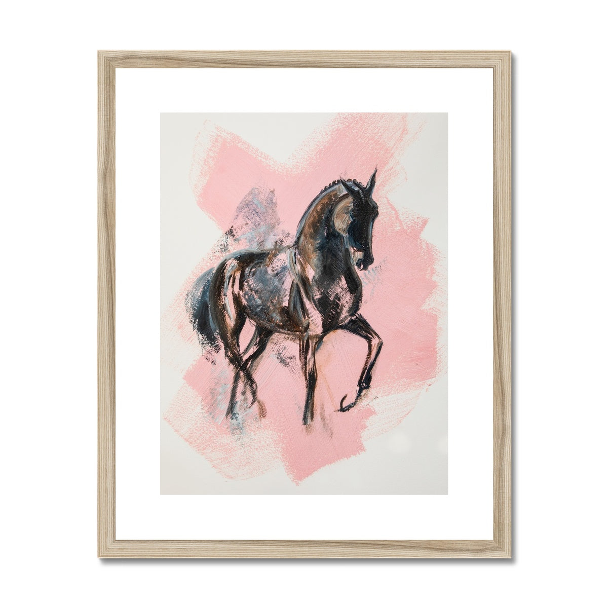 Black horse painted on a pink splash framed and mounted with a wood look frame