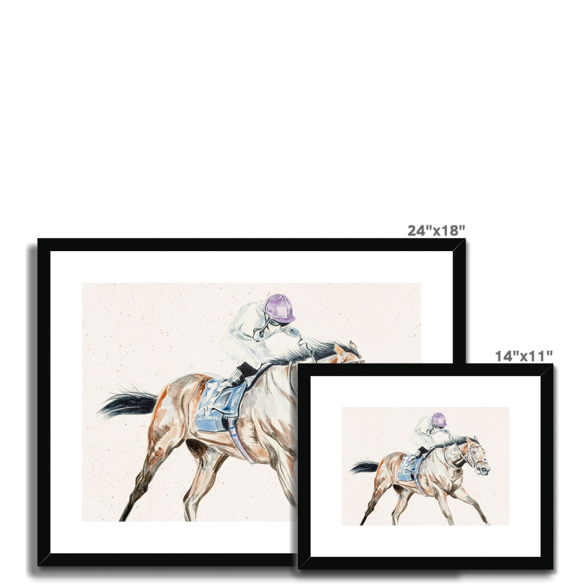 two different sizes of Racehorse in race with jockey watercolour painting framed and mounted print with black frame