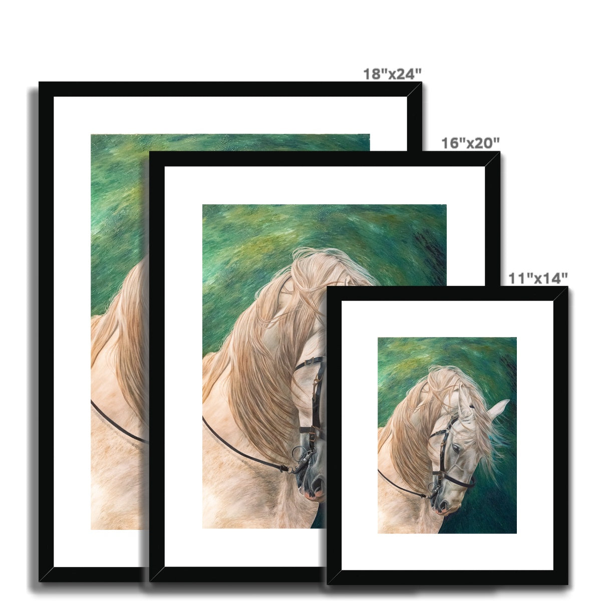 3 sizes of Grey horse on green background with black frame